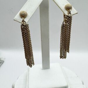 Emmons Vintage Chain Tassel Dangle Clip On Earrings Gold Tone Signed Costume